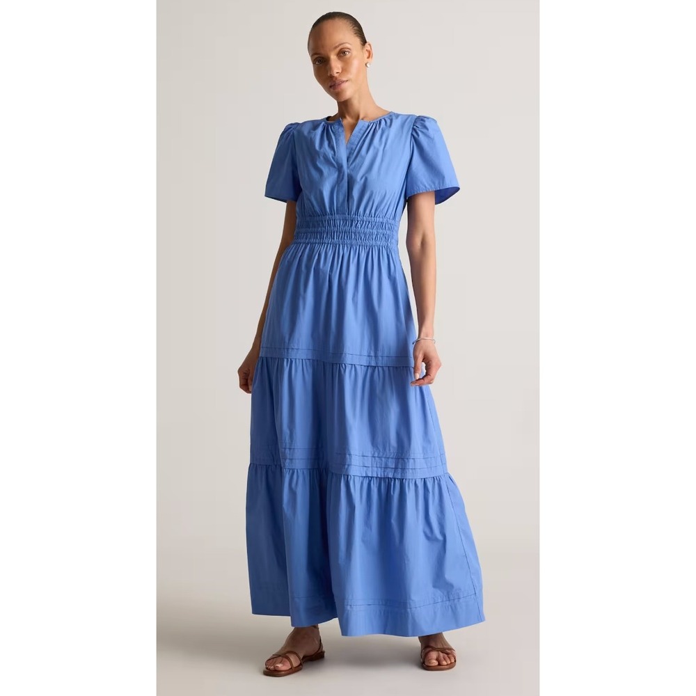 Quince Organic Cotton Poplin Tiered Maxi Dress Blue Medium NWT